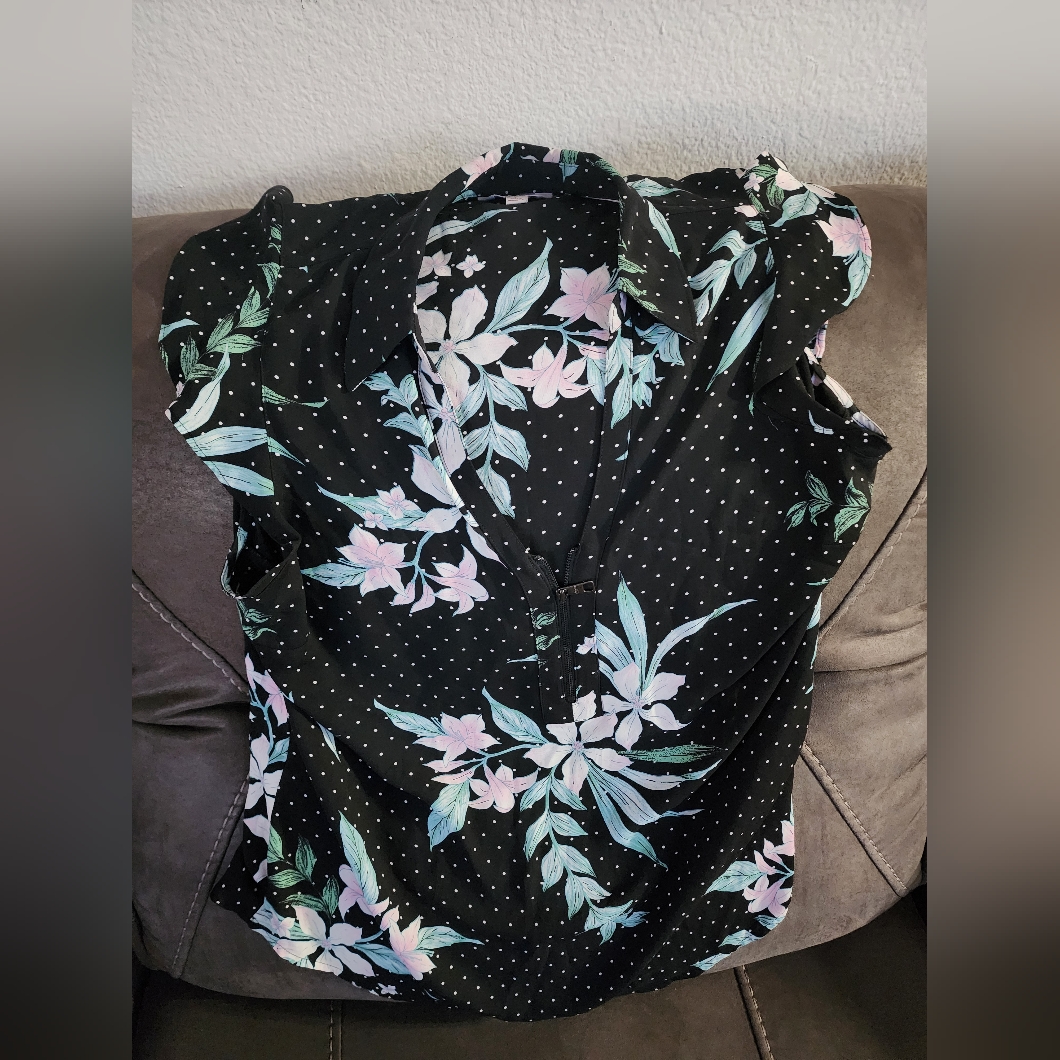 Candie's Black Floral Blouse With Pink And Green Accents